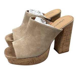 NIB Lisa Vicky Joy Platform Slide Sandal Mule Suede Tan Camel Sz 6